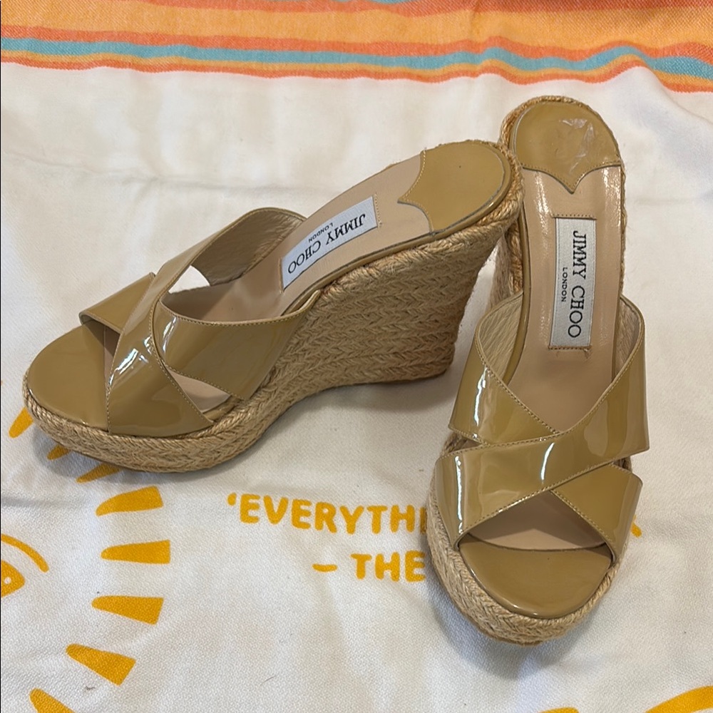 Jimmy Choo Tan Wedge Sandals with Cork Heel